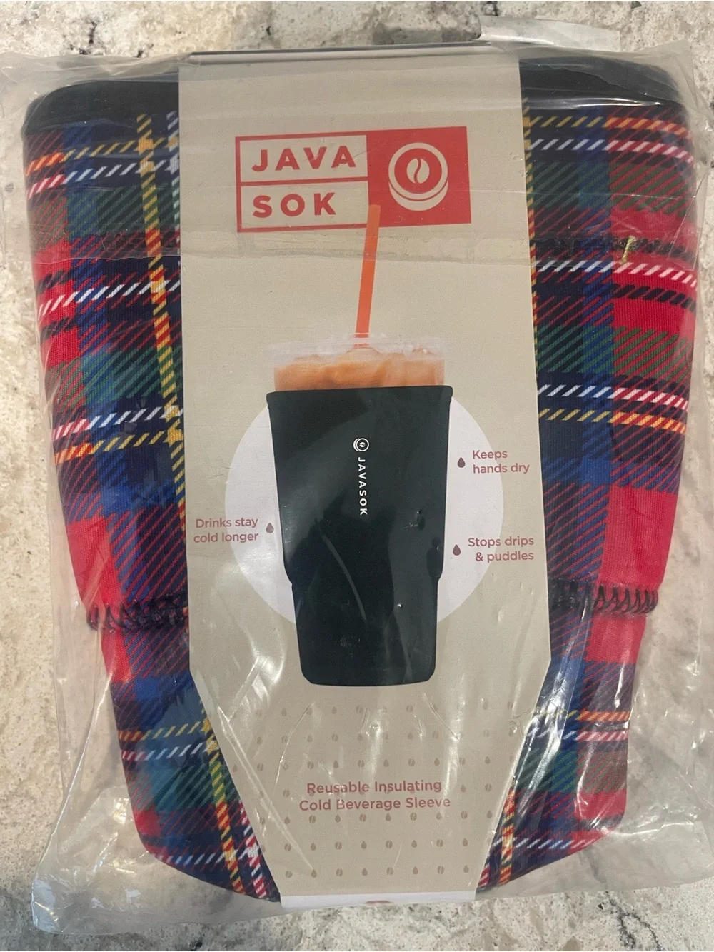 JAVASOK Red Plaid “Scottish Tartan” Tumbler/Cold Cup Sleeve/Koozie, Large